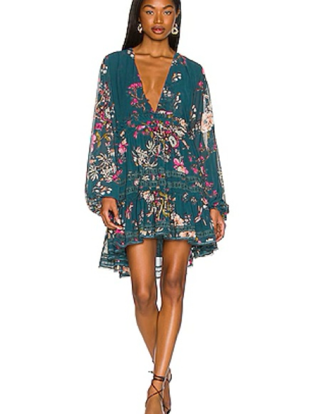 Free People Cherry Blossom Floral Boho Tiered Mini Dress Size Medium